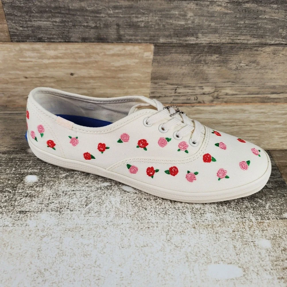 Keds Champion Womens Shoes Sz 5 M Off White Canvas Rose Embroidery Sneakers